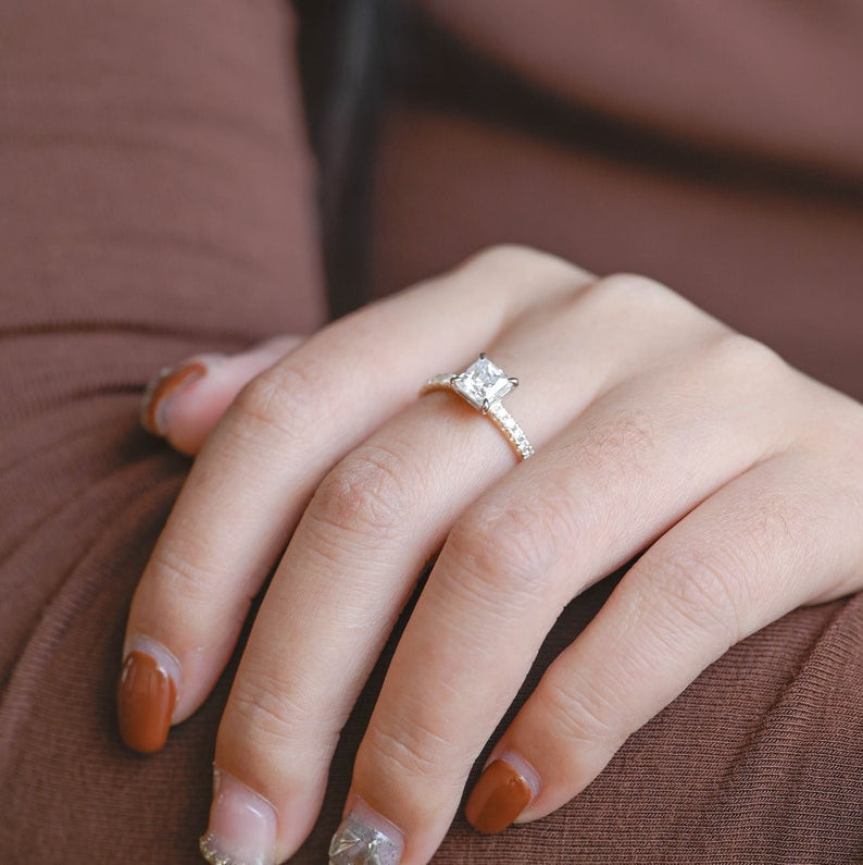 1.5 CT Princess Pave Moissanite Engagement Ring