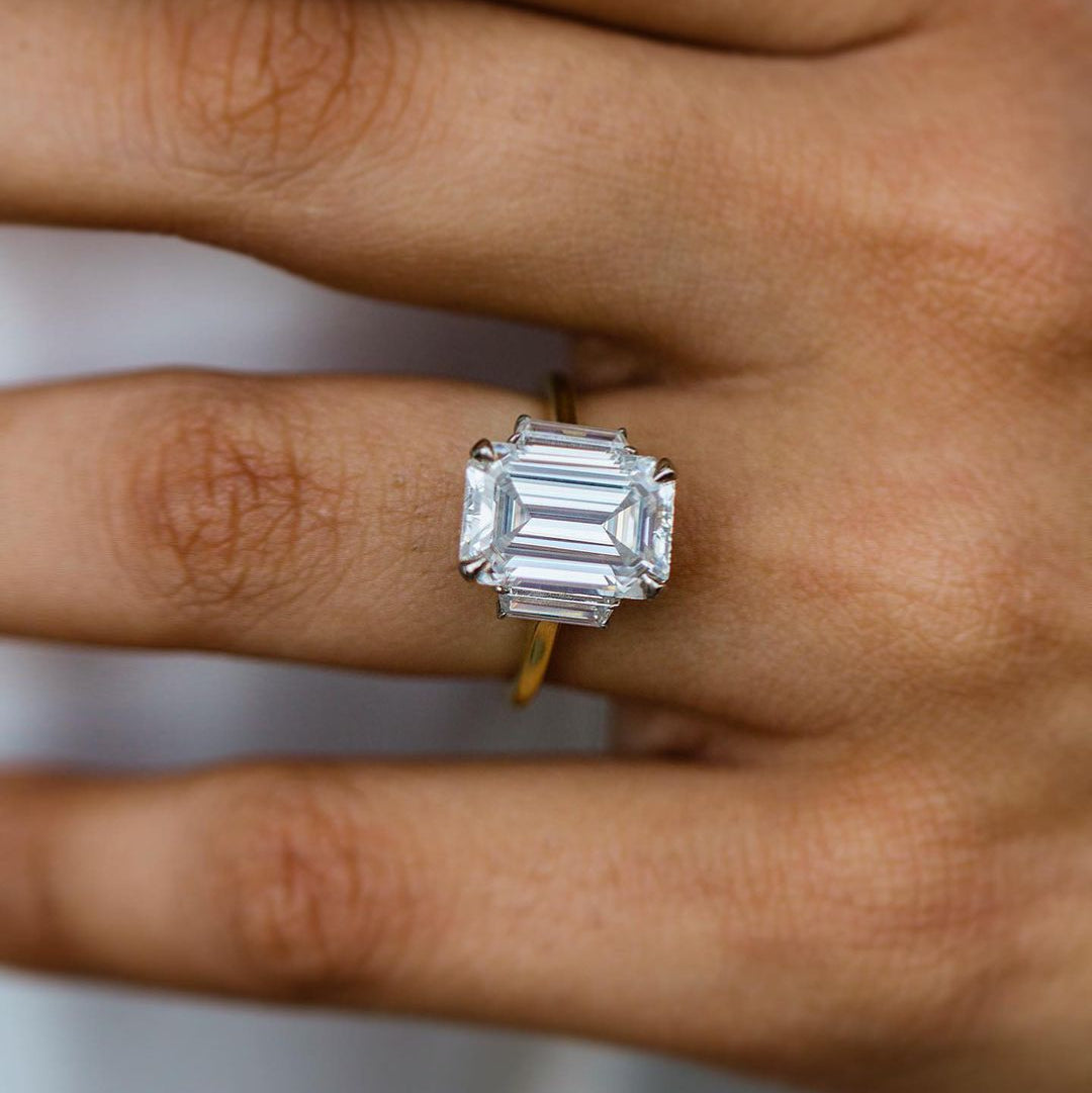 4.1 CT Emerald Three Stone Moissanite Engagement Ring