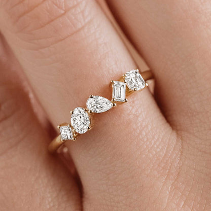 0.24 TCW Asscher,Baguette,Oval,Princess & Pear Cluster Moissanite Wedding Band
