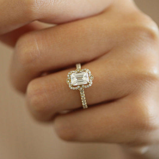 1.55 CT Emerald Vintage Halo & Pave Moissanite Engagement Ring