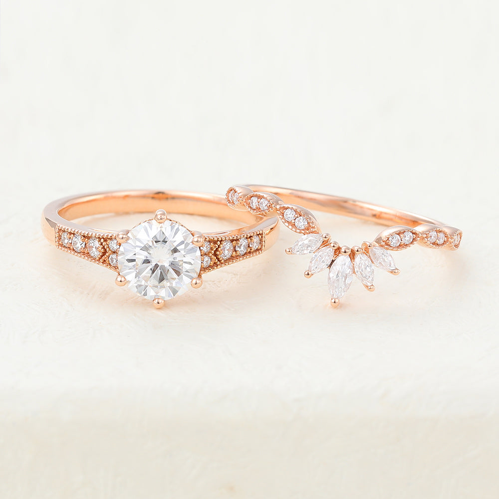 1 CT Round Vintage Pave Moissanite Bridal Set