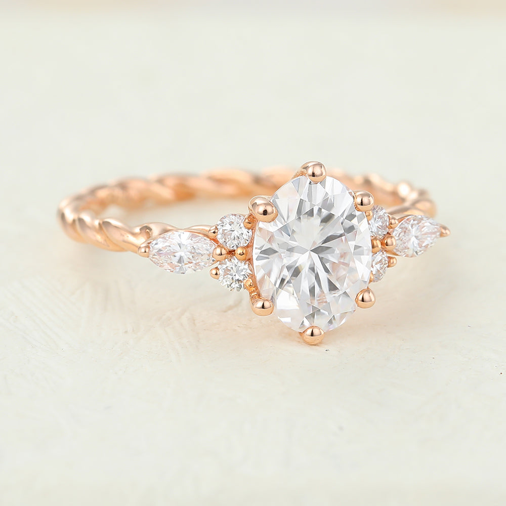 1.33 CT Oval Cluster Twisted Shank Moissanite Engagement Ring