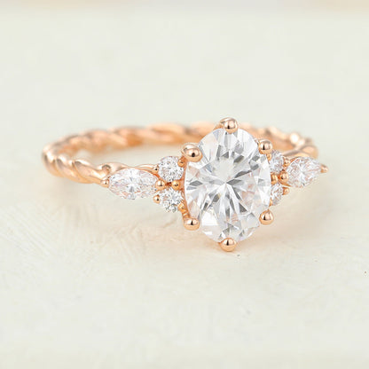 1.33 CT Oval Cluster Twisted Shank Moissanite Engagement Ring