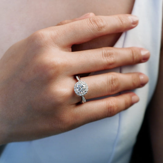 1 CT Round Halo & Criss Cross Pave Moissanite Engagement Ring
