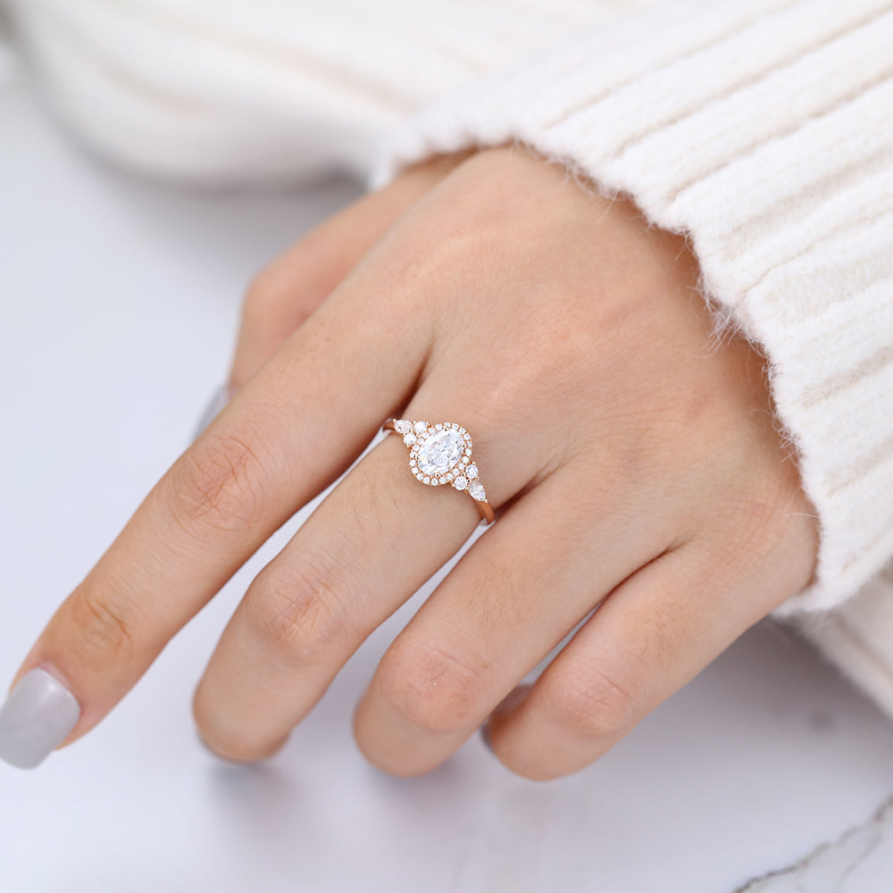 0.84 CT Oval Cluster Moissanite Engagement Ring