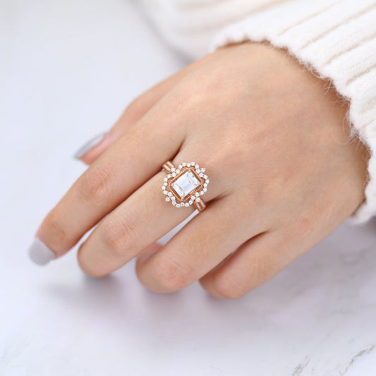 1.6 CT Emerald Shaped Moissanite Engagement Ring In Cluster Design