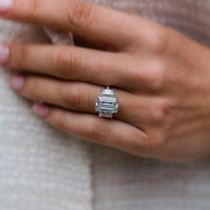 3.8 CT Emerald Three Stone & Pave Moissanite Engagement Ring