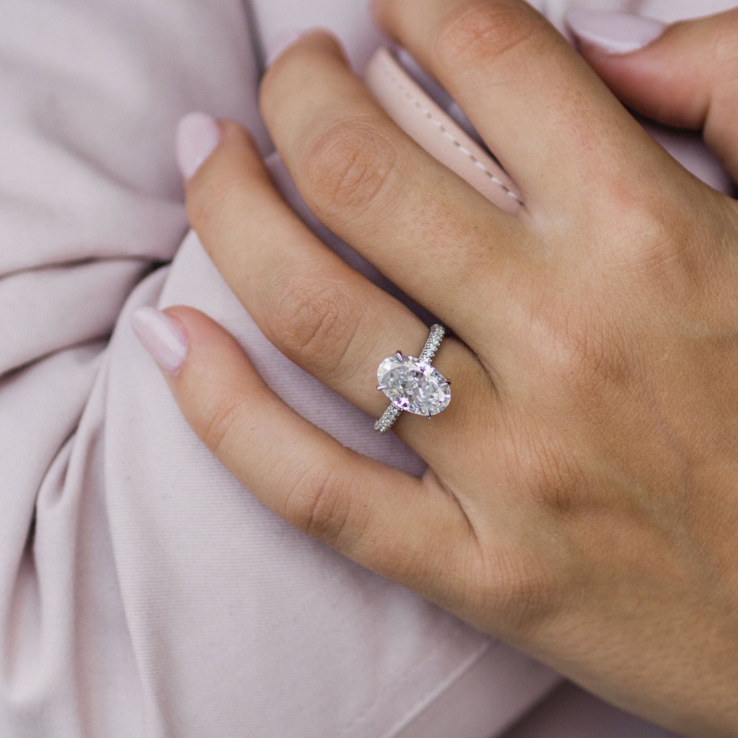 3.4 CT Oval Hidden Halo & Pave Moissanite Engagement Ring