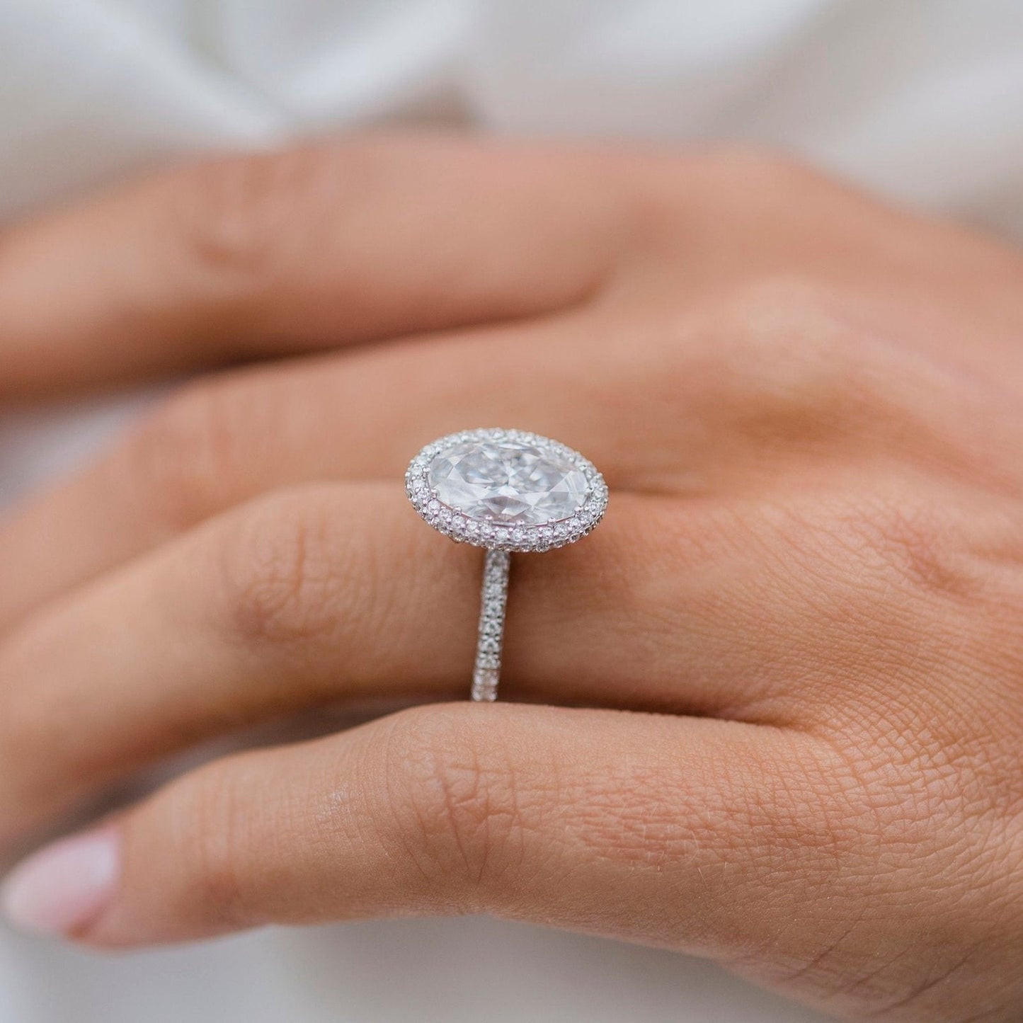 3.85 CT Oval Halo & Pave Moissanite Engagement Ring