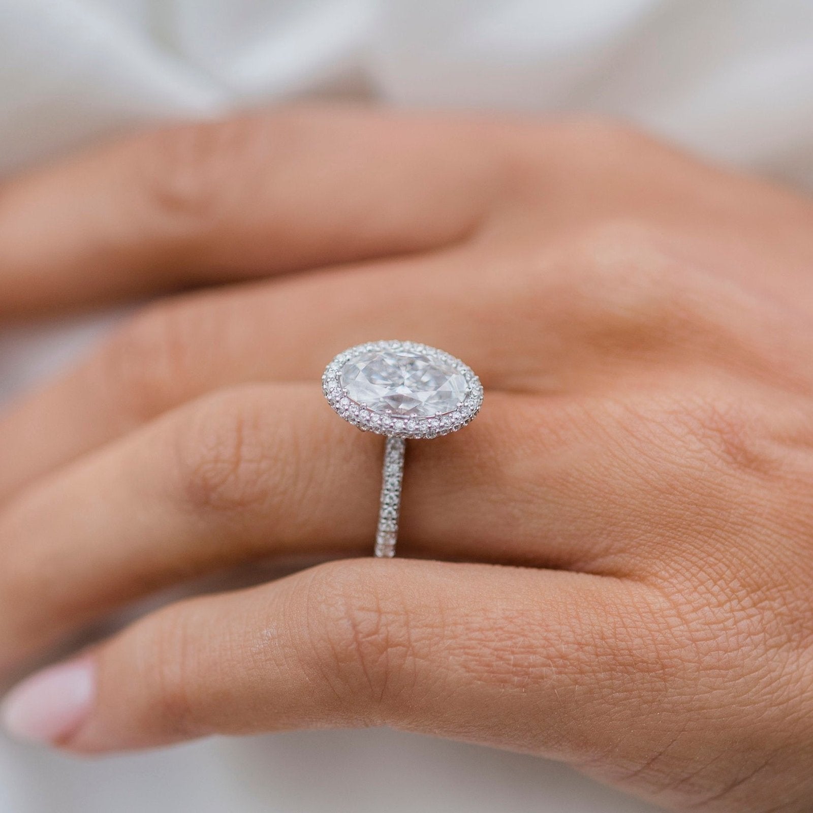 3.85 CT Oval Halo & Pave Moissanite Engagement Ring