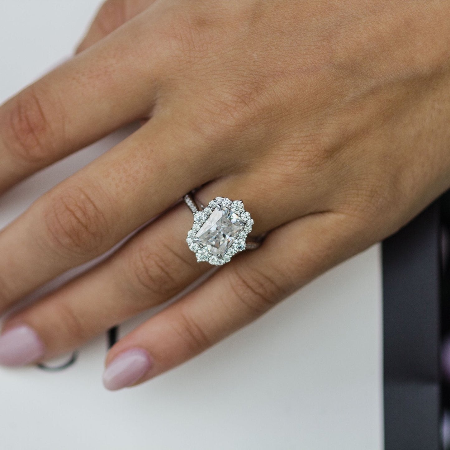 3.4 CT Radiant Halo & Pave Moissanite Engagement Ring