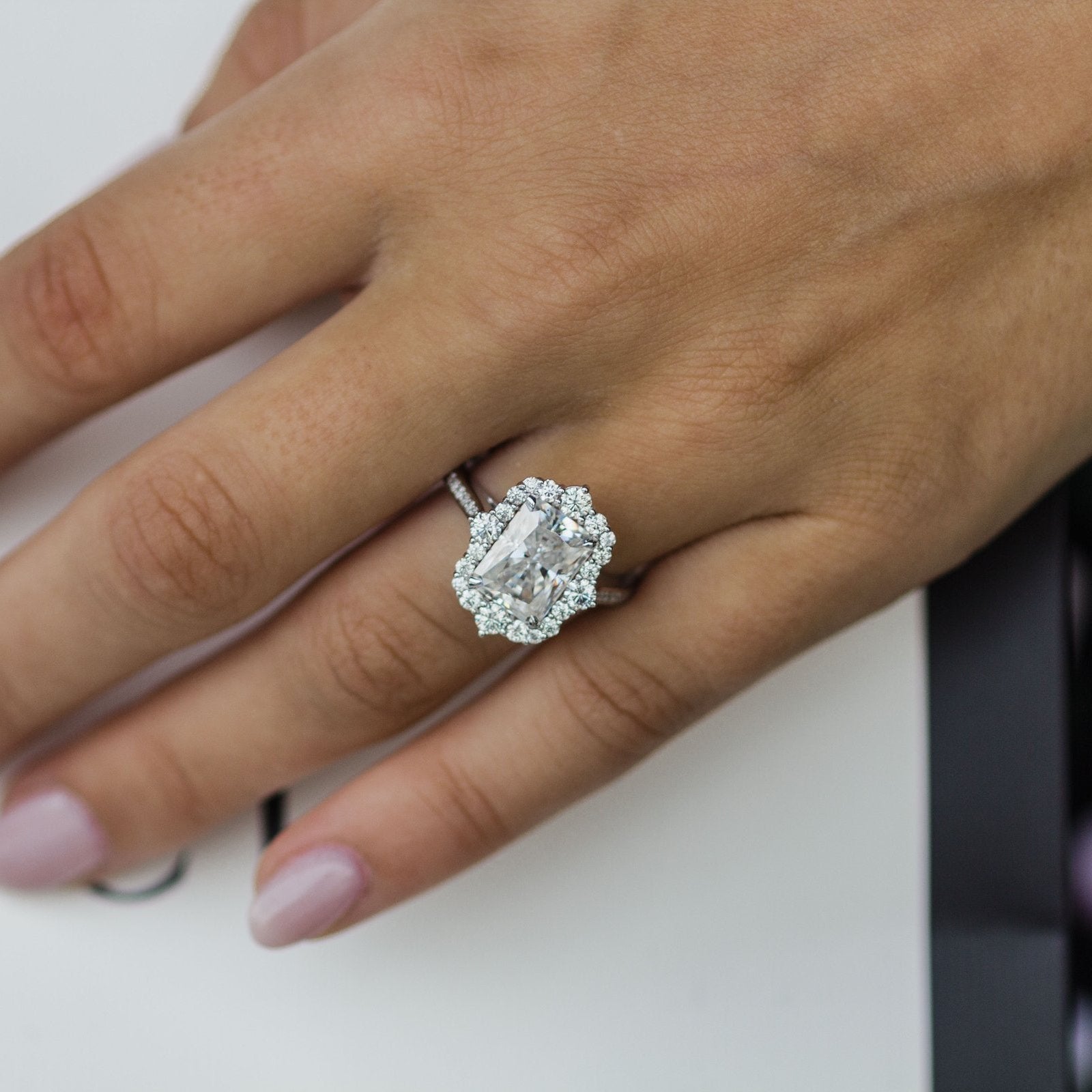 3.4 CT Radiant Halo & Pave Moissanite Engagement Ring