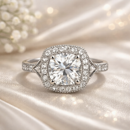2.0 CT Cushion Halo Moissanite Engagement Ring