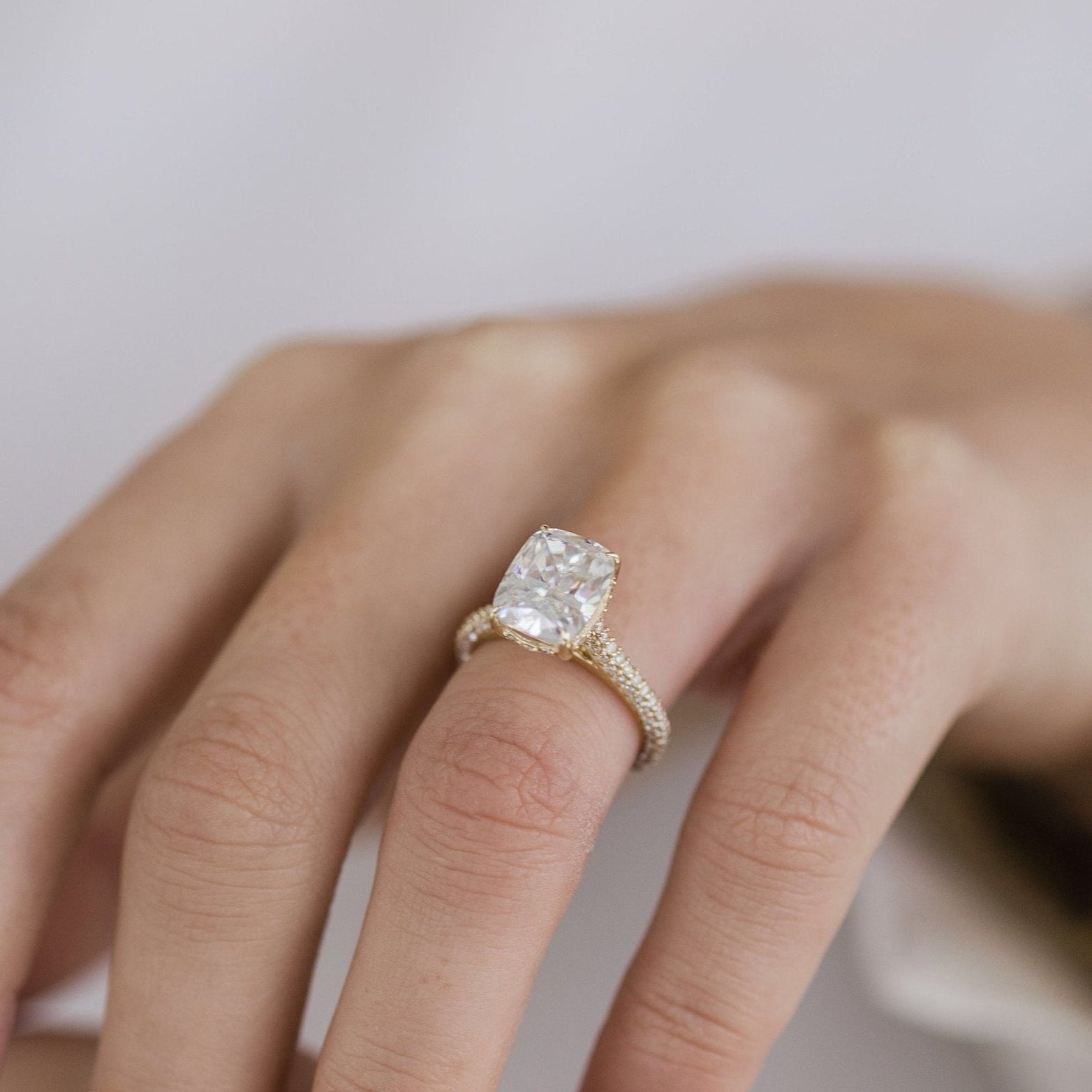 3.2 CT Elongated Cushion Hidden Halo & Pave Moissanite Engagement Ring