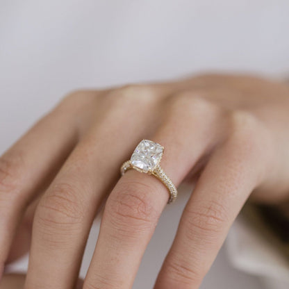 3.2 CT Elongated Cushion Hidden Halo & Pave Moissanite Engagement Ring