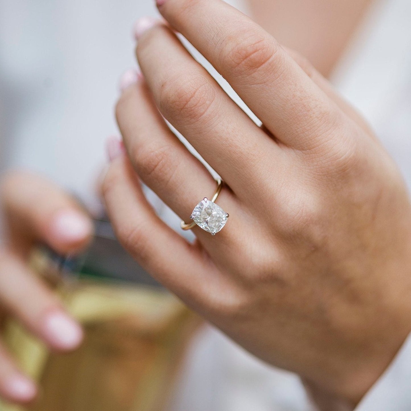 3.2 CT Elongated Cushion Hidden Halo Moissanite Engagement Ring
