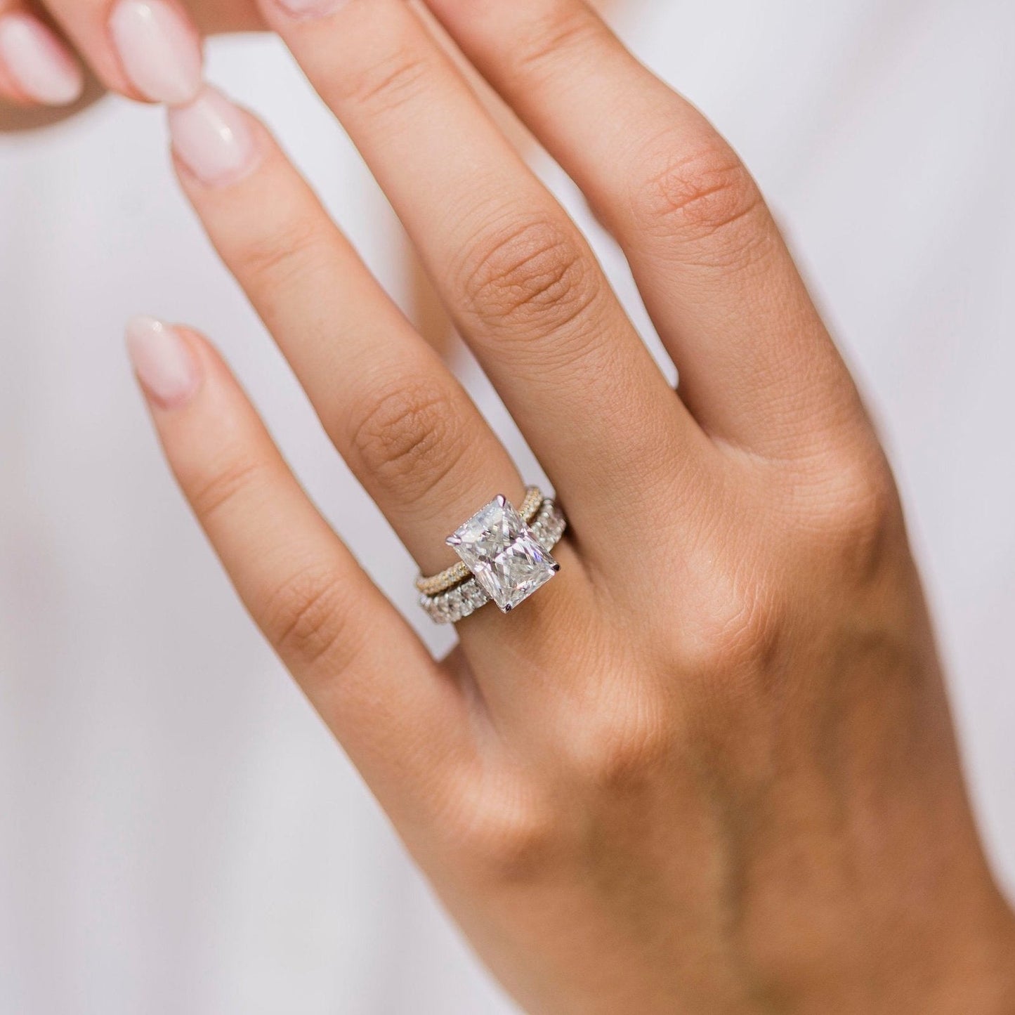 4.6 CT Radiant Hidden Halo & Pave Moissanite Engagement Ring