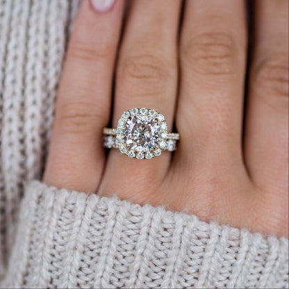 4 CT Cushion Halo & Pave Moissanite Engagement Ring