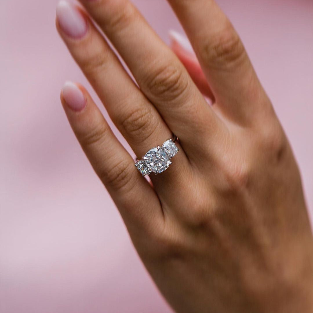 3.1 CT Cushion Three Stone Moissanite Engagement Ring