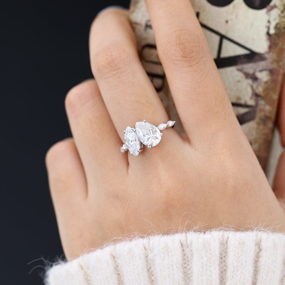 2.83 CT Pear & Marquise Shaped Moissanite Ring In Two Stone Design