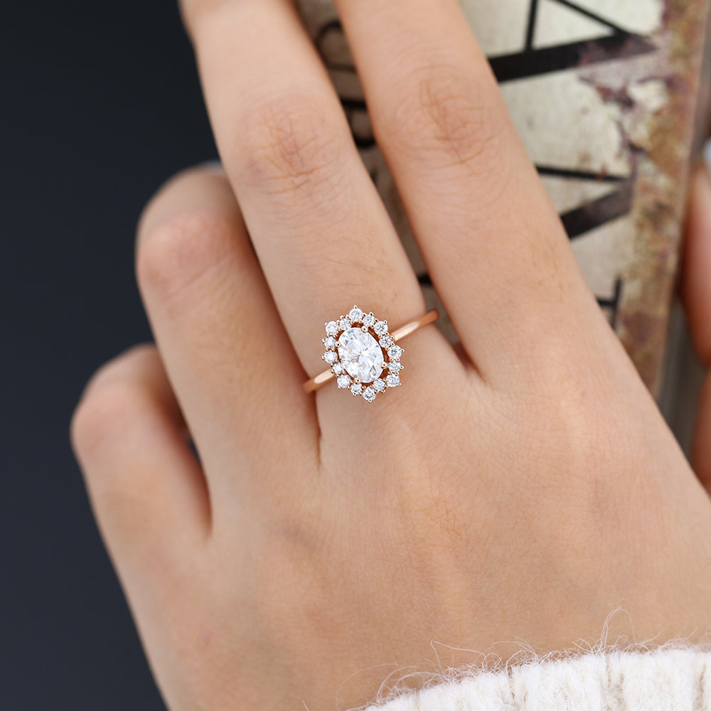 1 CT Oval Shaped Moissanite Engagement Ring In Cluster Design