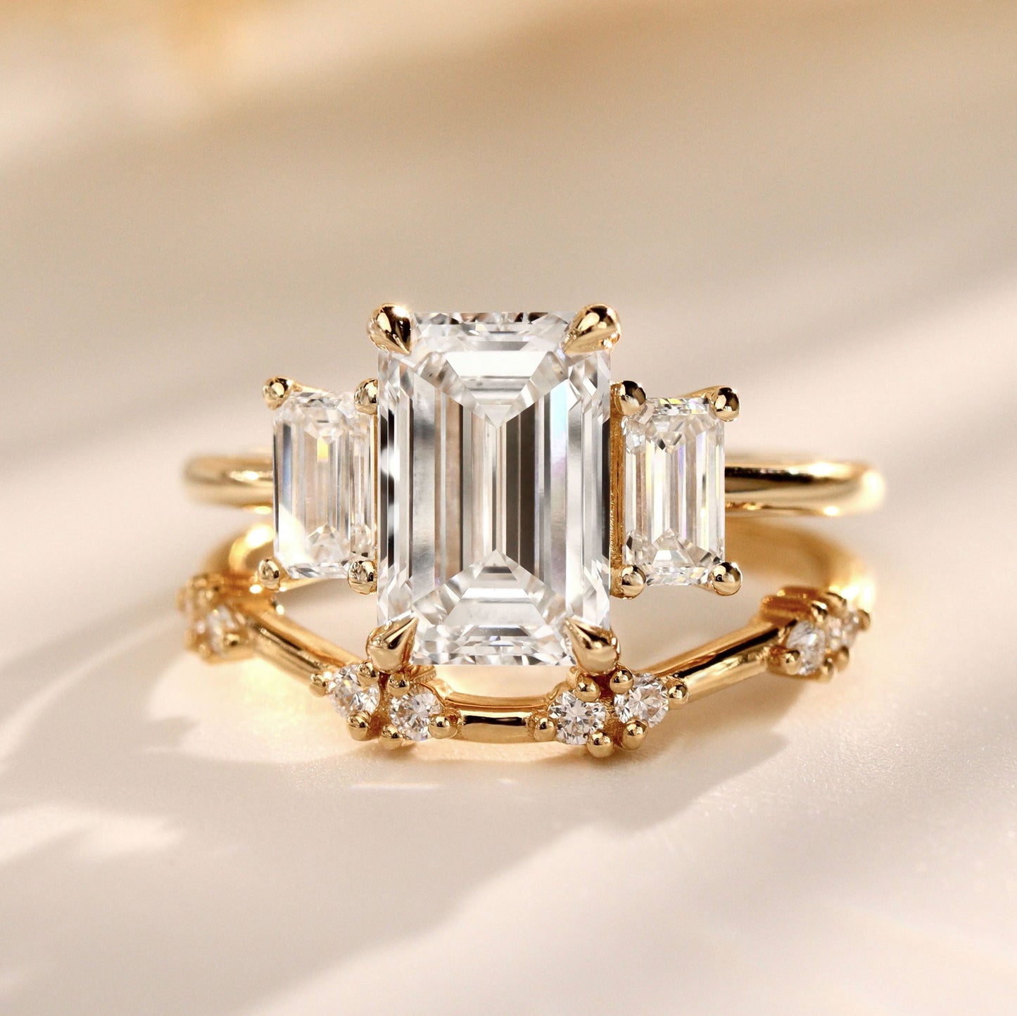 1.75 CT Emerald Three Stone Moissanite Engagement Ring