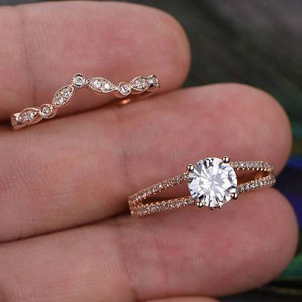 1 CT Round Split Shank Pave Moissanite Bridal Set