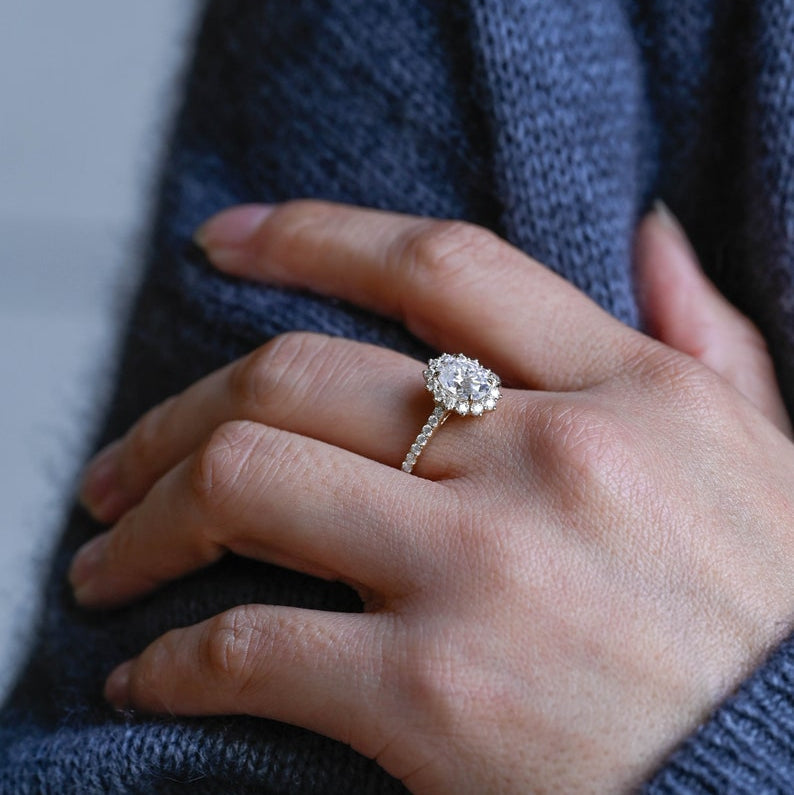 2.0 CT Oval Halo & Pave Moissanite Engagement Ring