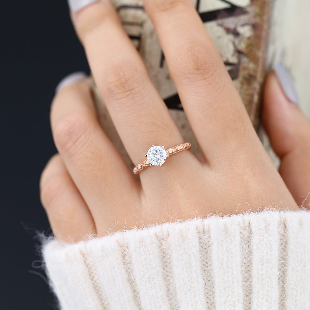 0.68 CT Round Shaped Moissanite Engagement Ring In Pave Design