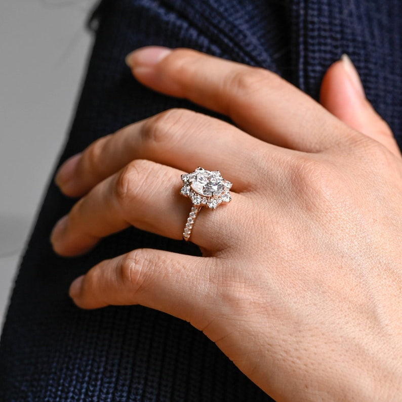 2.0 CT Oval Pave & Halo Moissanite Engagement Ring