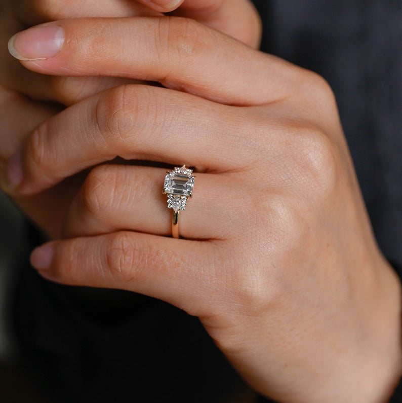 2.0 CT Emerald Cluster Moissanite Engagement Ring