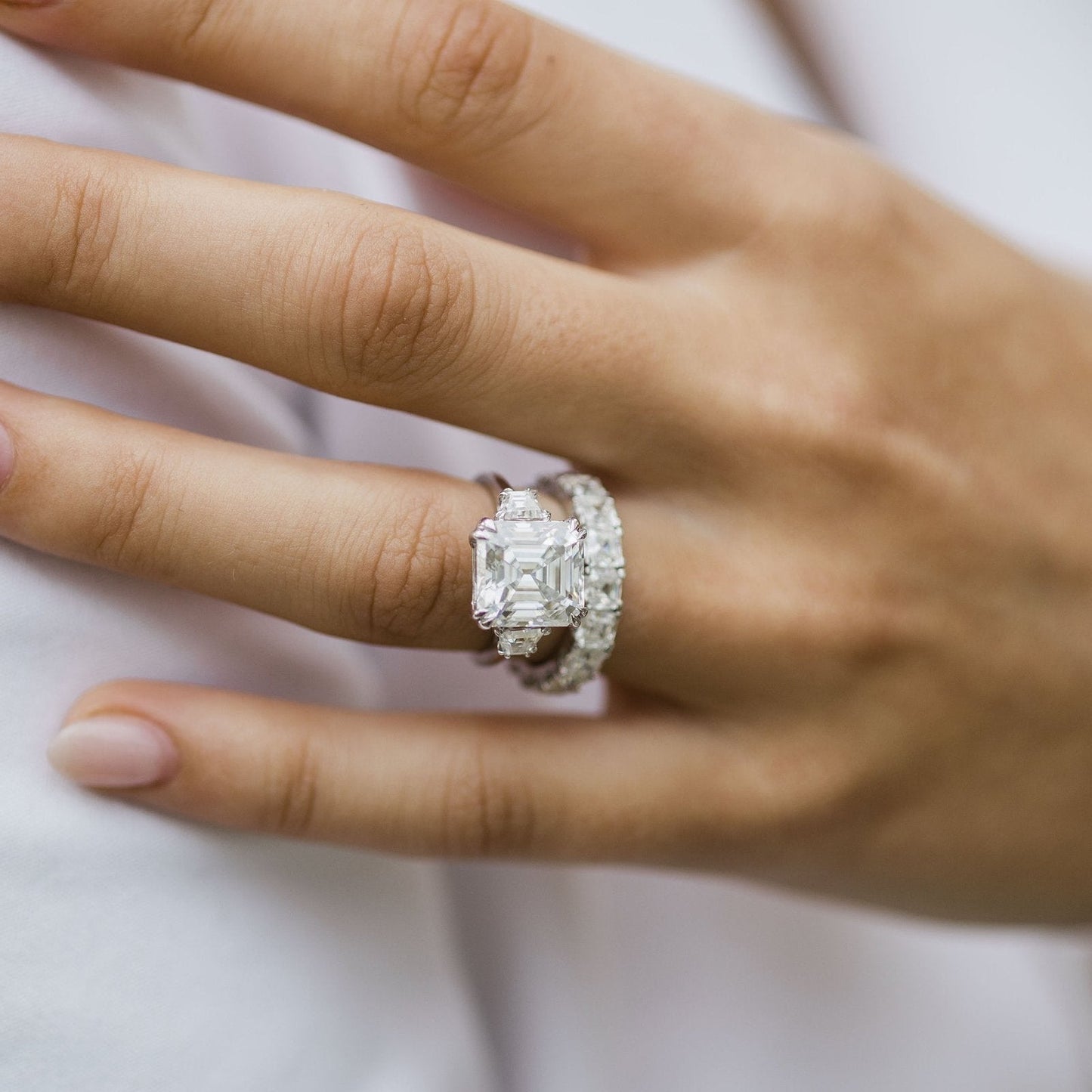 4.1 CT Asscher Three Stone Moissanite Engagement Ring