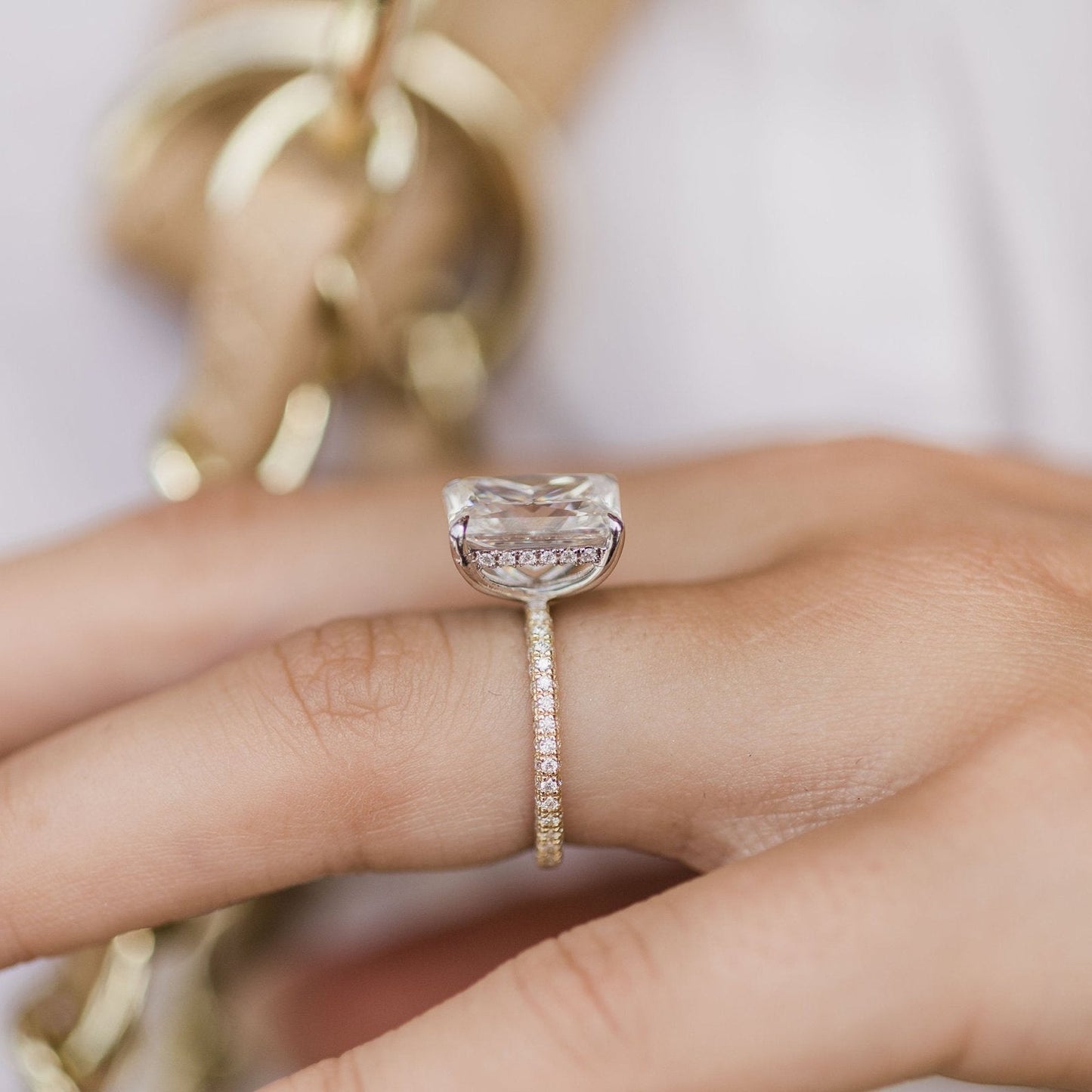 4.6 CT Radiant Hidden Halo & Pave Moissanite Engagement Ring