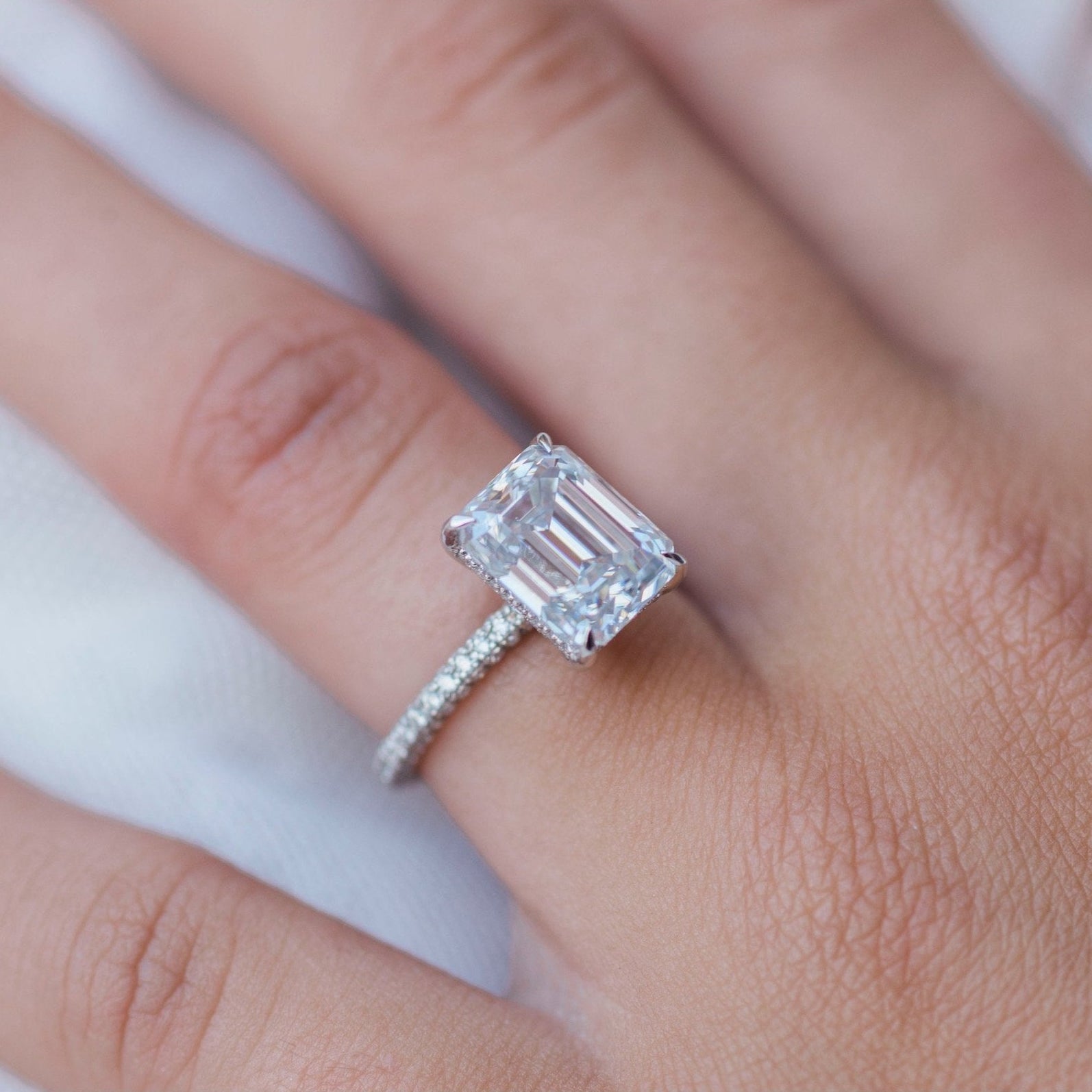 3.25 CT Emerald Hidden Halo & Pave Moissanite Engagement Ring