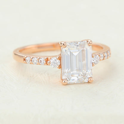 1.6 CT Emerald Shaped Moissanite Engagement Ring In Three Stone Design