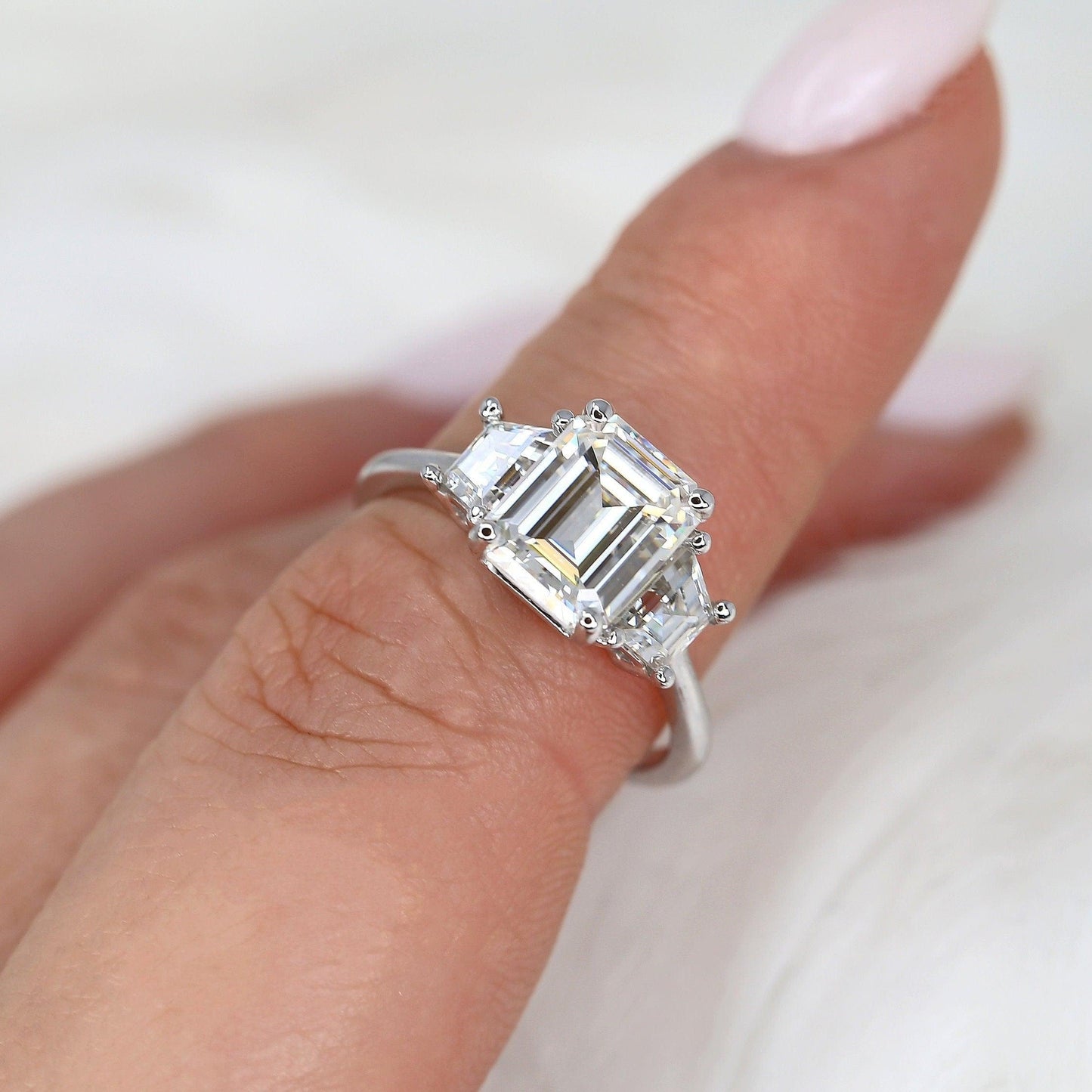 3.6 CT Emerald Three Stone Moissanite Engagement Ring