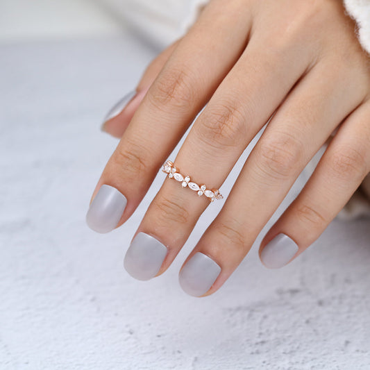 0.62 TCW Marquise & Round Half Eternity Moissanite Wedding Band