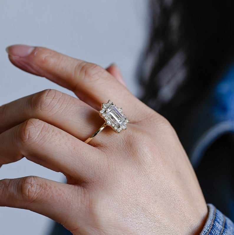 2.0 CT Emerald Halo Moissanite Engagement Ring