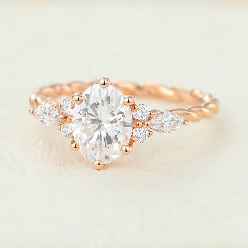 1.33 CT Oval Cluster Twisted Shank Moissanite Engagement Ring