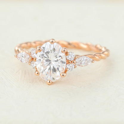 1.33 CT Oval Cluster Twisted Shank Moissanite Engagement Ring