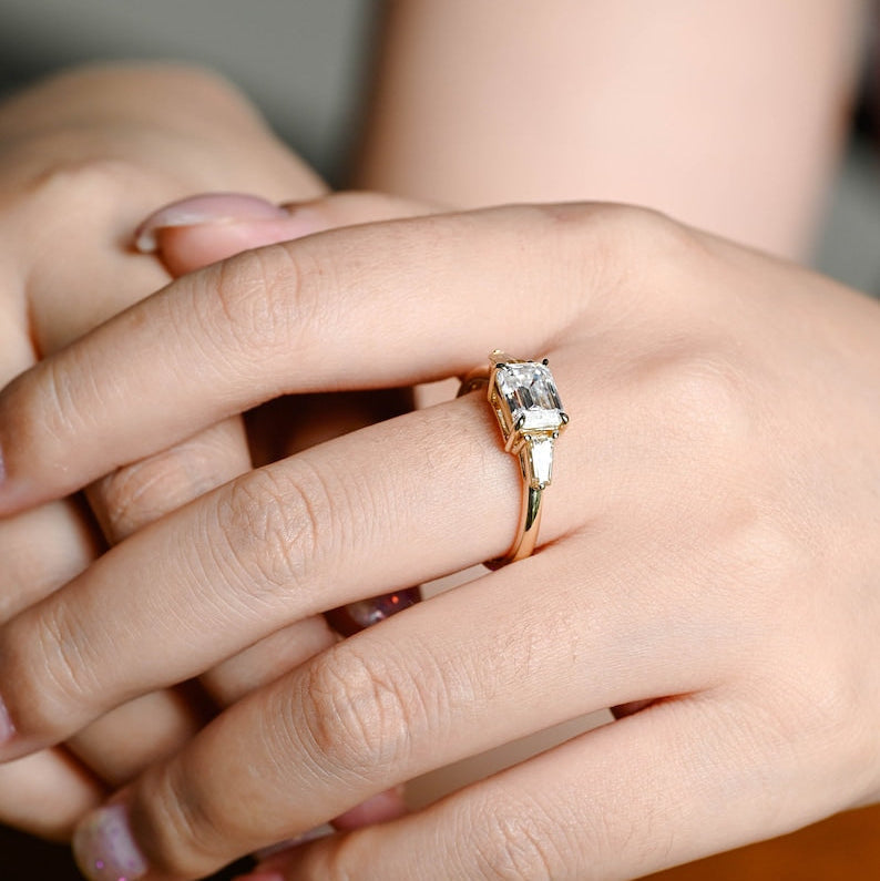 2.0 CT Emerald Three Stone Moissanite Engagement Ring