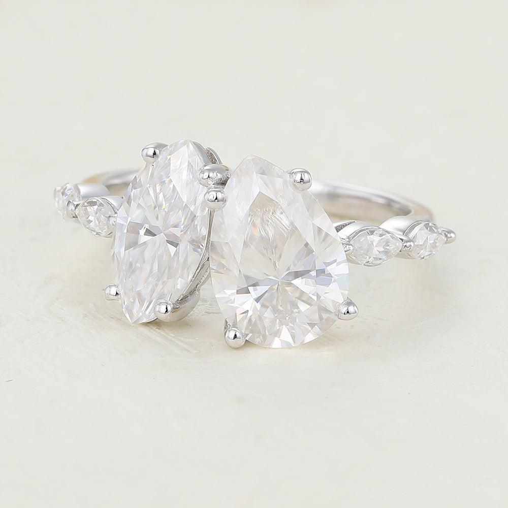 2.83 CT Pear & Marquise Shaped Moissanite Ring In Two Stone Design