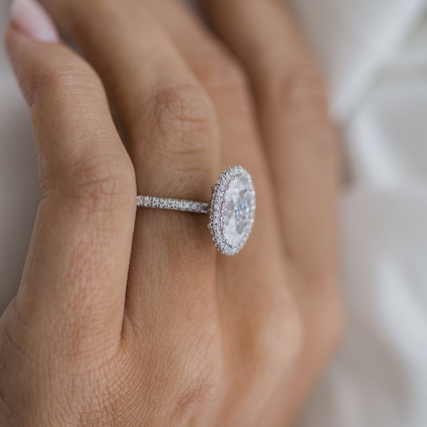 3.85 CT Oval Halo & Pave Moissanite Engagement Ring
