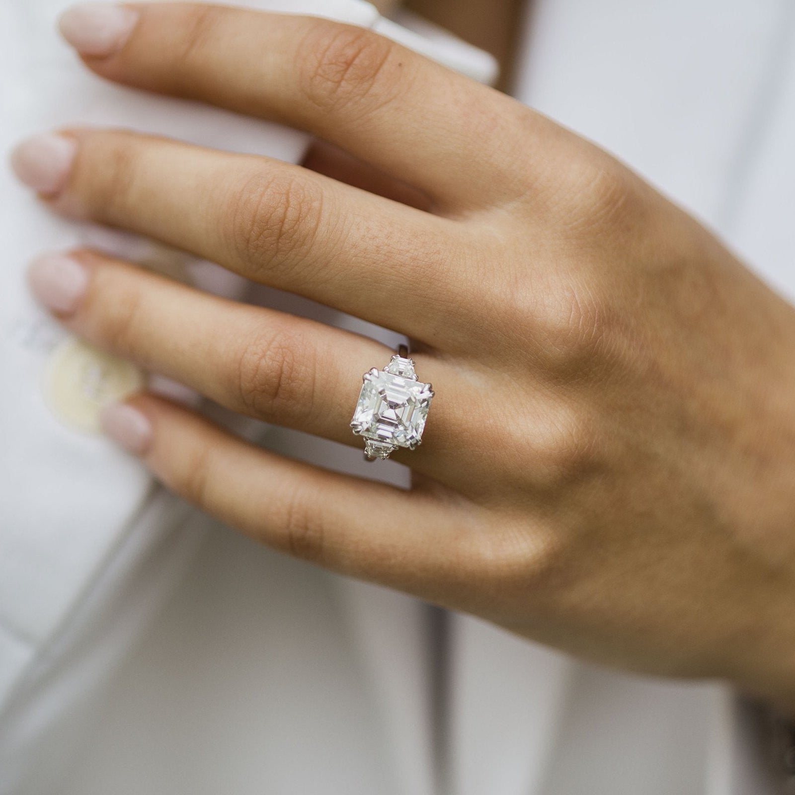 4.1 CT Asscher Three Stone Moissanite Engagement Ring