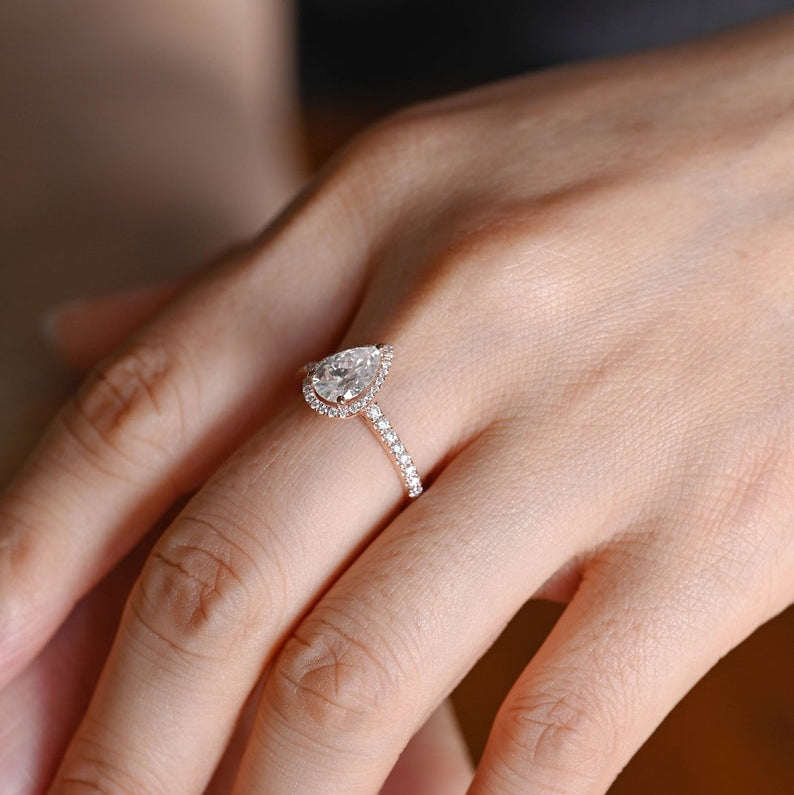 2.0 CT Pear Pave & Halo Moissanite Engagement Ring