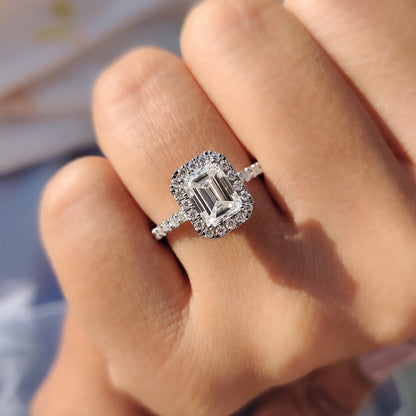 1 CT Emerald Halo & Pave Moissanite Engagement Ring