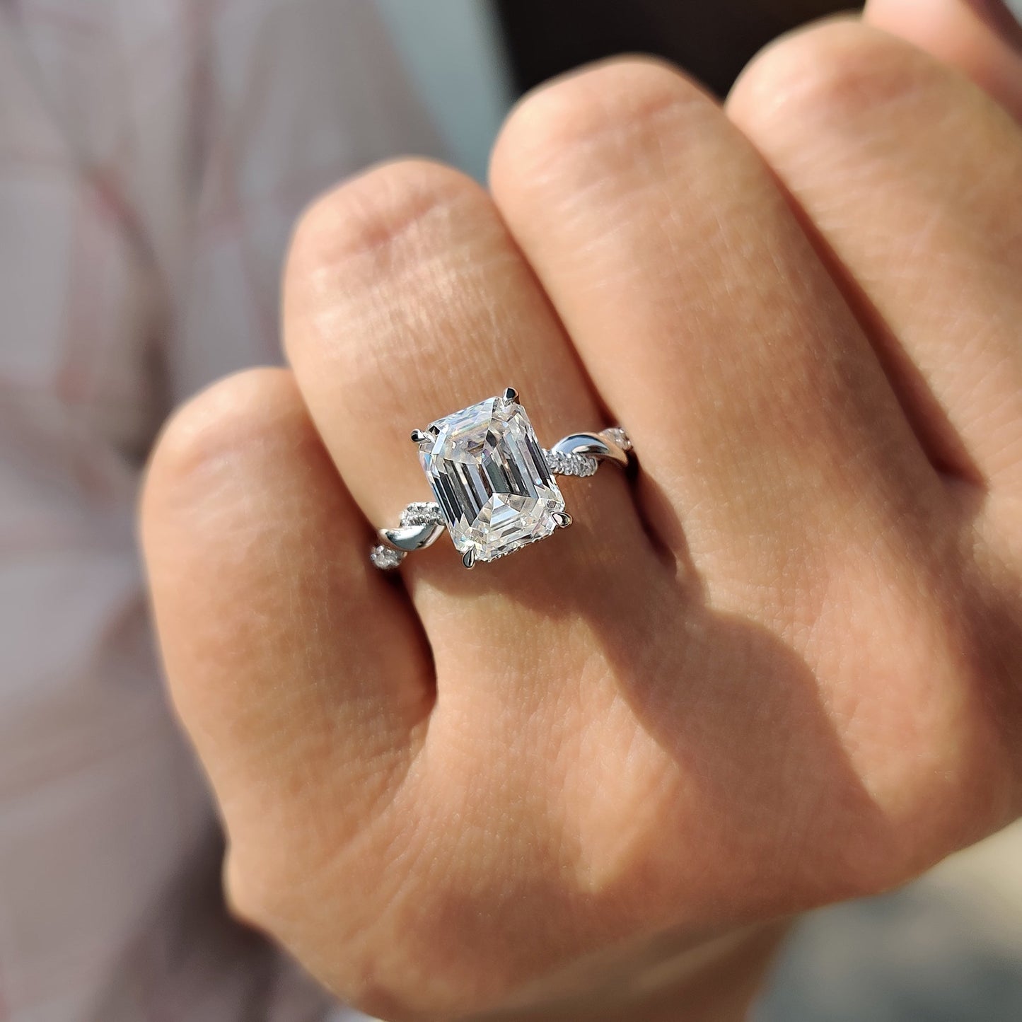 2.50 CT Emerald Twisted Pave Moissanite Engagement Ring