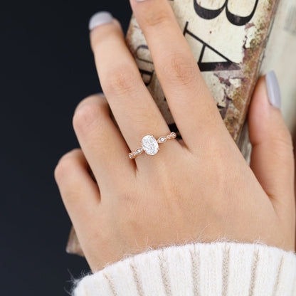 1.33 CT Oval Milgrain Pave Moissanite Engagement Ring
