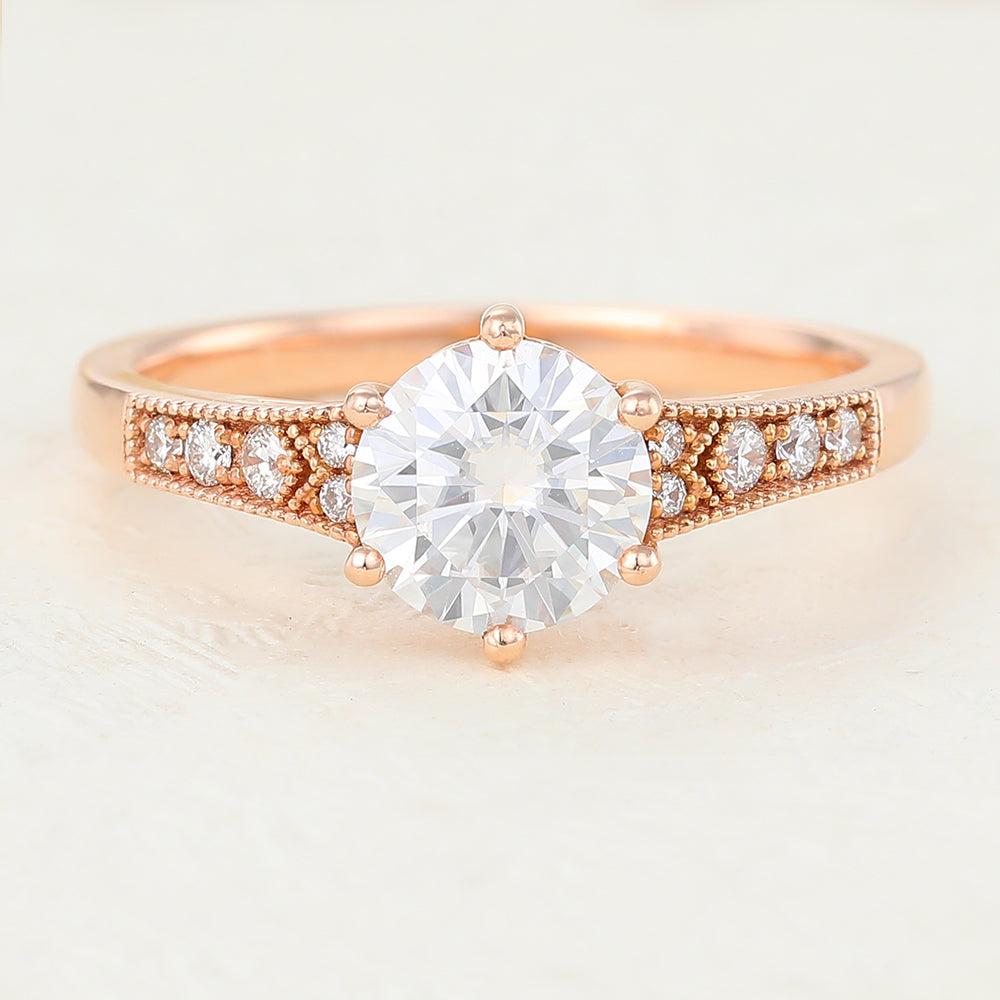 0.88 CT Round Shaped Moissanite Engagement Ring In Pave Design