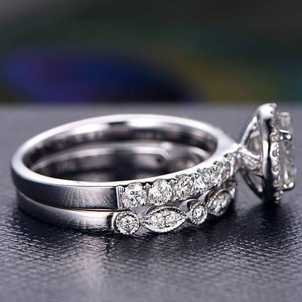 1 CT Round Halo & Pave Moissanite Bridal Set